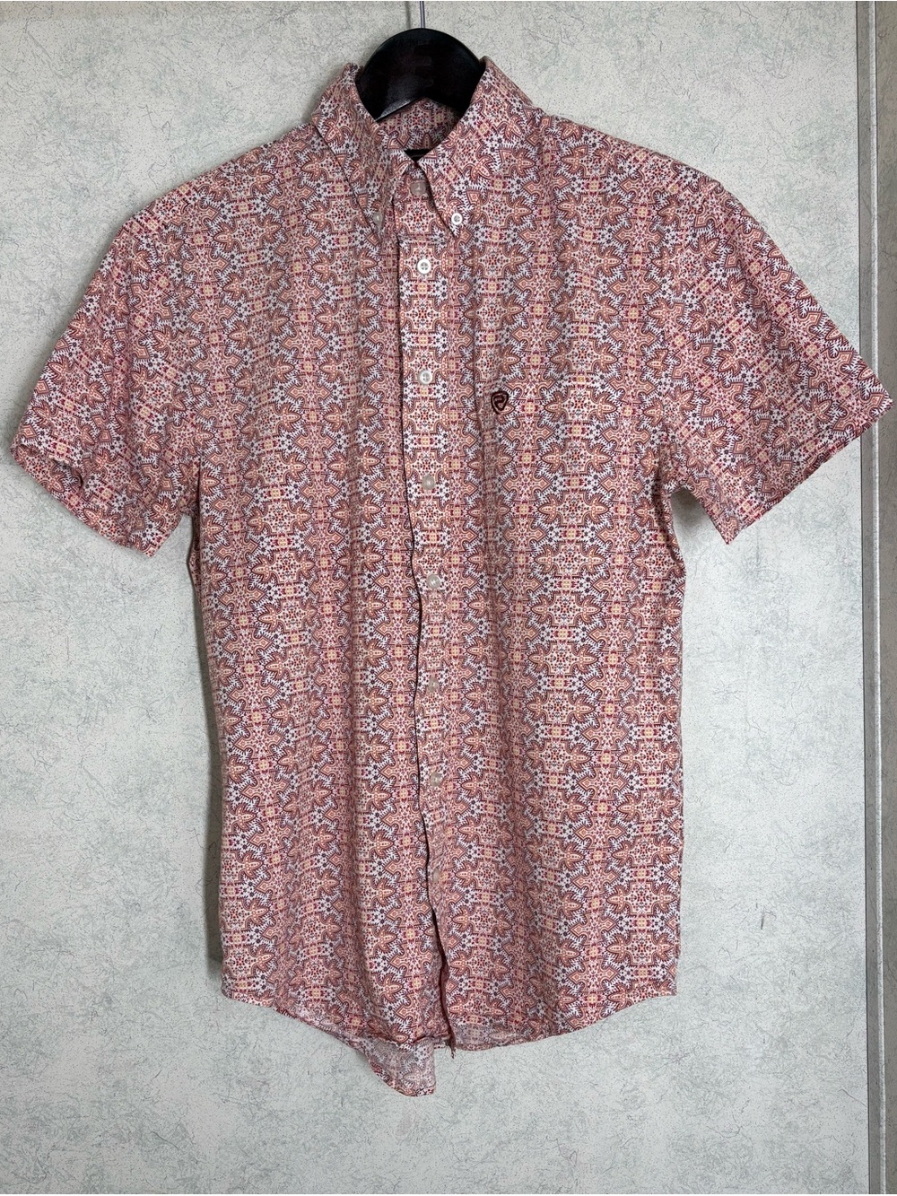 Rock & Roll Denim•Short Sleeve•Shirt•Mens•Small•Pink Paisley•Classic Fit• EUC